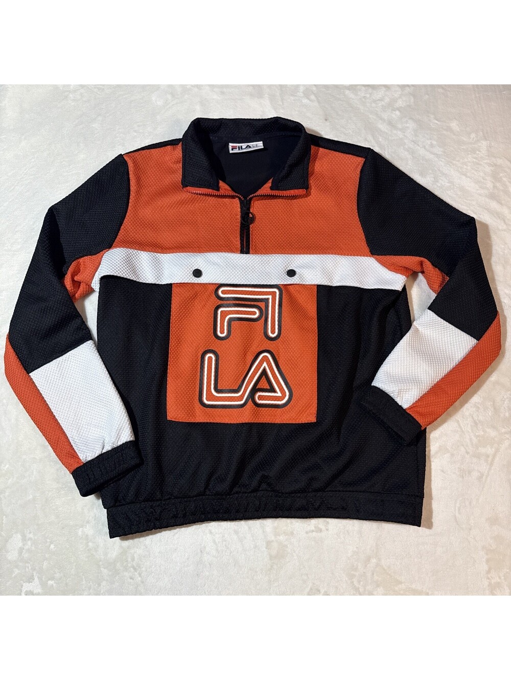 FILA Tiger Mesh Mens Orange Black 1/4 Zip Long Sleeve Streetwear